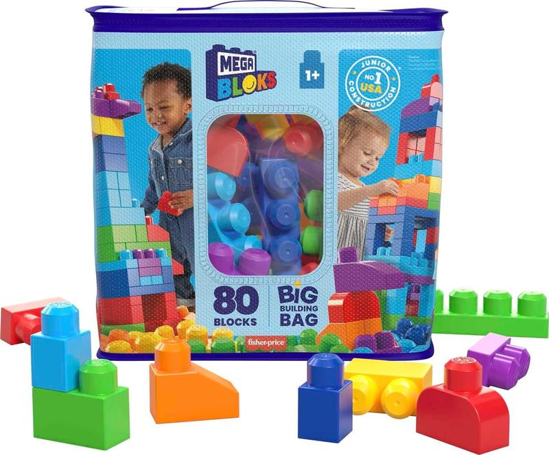 Christmas gift for kids BLOKS First Builders Toddler Blocks Toys Set, Big Building Bag with 80 Pieces and Storage, Blue, Ages 1+ Years