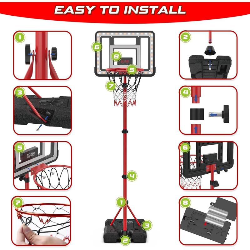 Basketball Hoop for Kids with Stand, Adjustable Height Basketball Hoop with Electronic Scoreboard and LED Light, Indoor Outdoor Backyard Sport Game Gifts Toys for 3 4 5 6 7 8