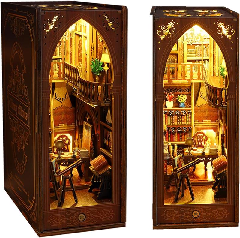 DIY Book Nook Miniature Kit with 3D Wooden Puzzle, DIY Manual Book Stand for Bookshelf Insert Decor for Creative Assembled Bookends for Romantic Gift (Library of Book)