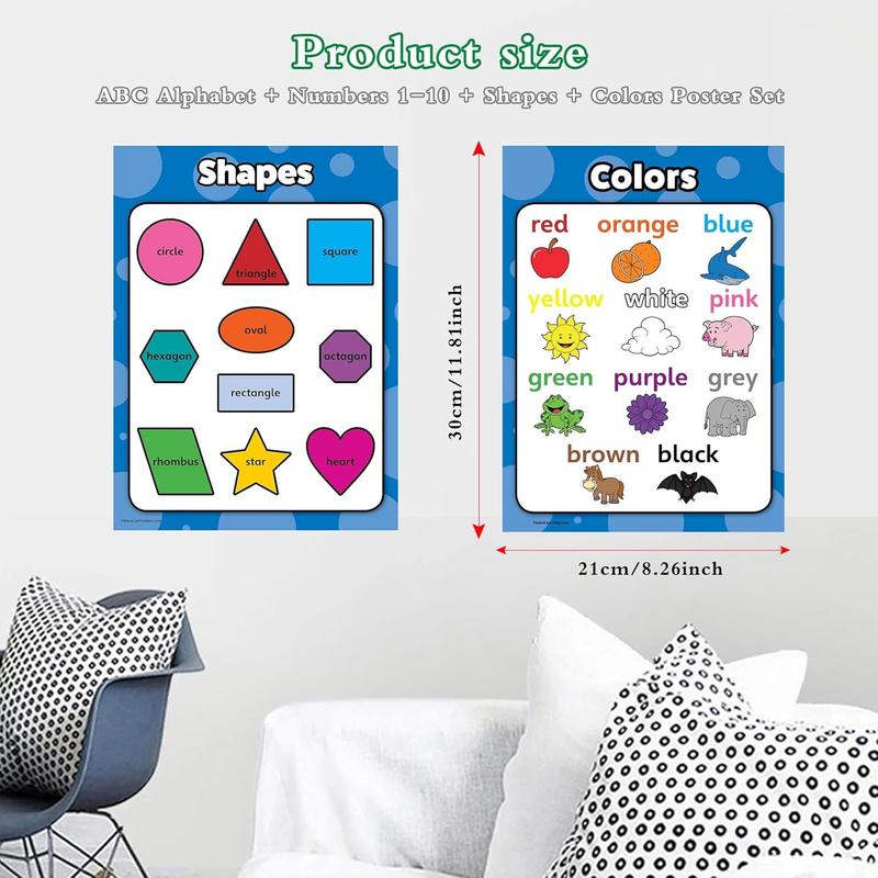 educational Learning 4 pack - ABC Alphabet + Numbers 1-10 + Shapes + Colors Poster Set -  Educational Charts