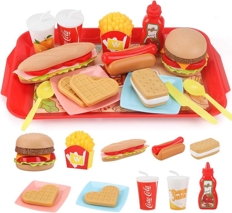 Chrismas Pretend Play Food Set for Children,Removable Fast Food Playset with Tray Hamburger Hotdog Fries Combo,Play Kitchen Accessories Role Play Toys,Educational Gift for Kids Boys Girls (15 PCS)