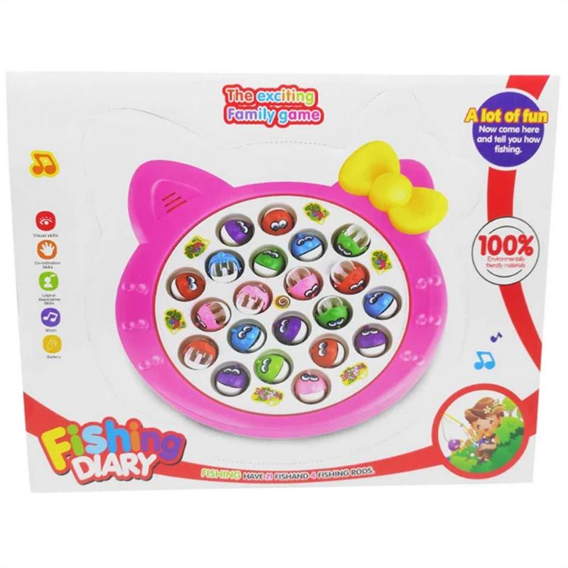 The fishing game set consists of fish and a fishing rod on a rotating board with a music switch to quietly play a board game for 1-4 players