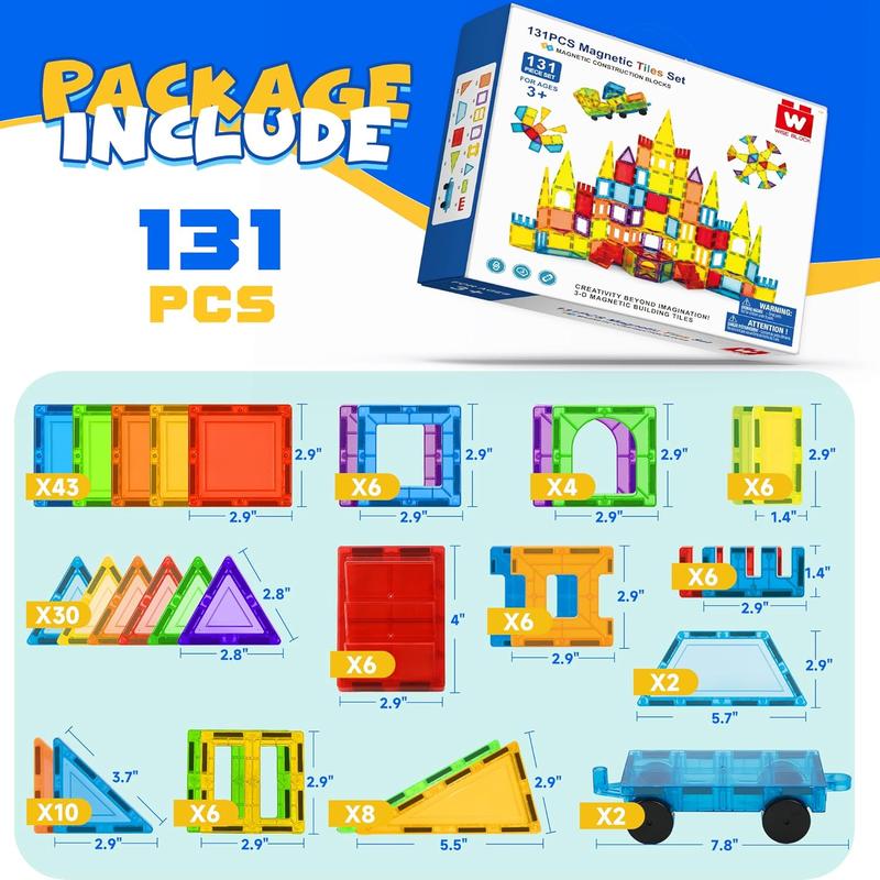 131PCS Wise Block Magnetic Blocks with 2 Cars, Magnetic Tiles, Learning Magnetic Building Blocks Sets, Educational Magnets Tiles Toys for Boys Girls.