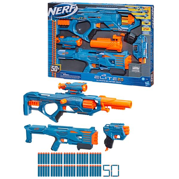 2.0 Ultimate Blaster Pack, 3 Blasters, 50 Nerf Elite Darts, Detachable Scope and Barrel