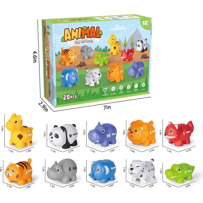 Learning Toys for 2 3 4 Year Old, 20 Pcs Number Matching Game with Digital English, 10 Different Animal Figures, Preschool Activities Montessori Fine Motor Toys for Toddlers Kids