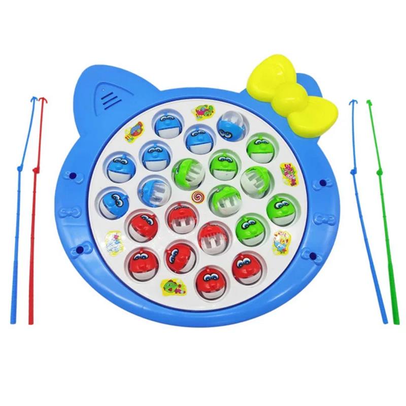 The fishing game set consists of fish and a fishing rod on a rotating board with a music switch to quietly play a board game for 1-4 players