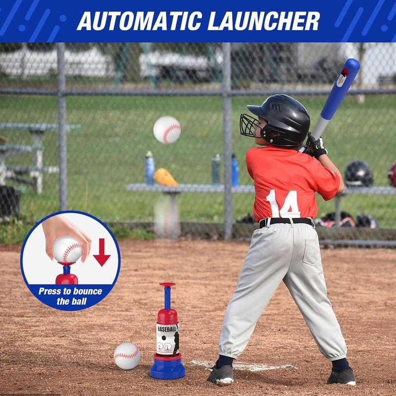 3-in-1 Baseball Set for Kids 3-5 - Tee Ball Stand, Hanging Tee, Ball Launcher and 6 Softballs - Adjustable Height, Indoor Outdoor Sport Gifts for Boys, Blue