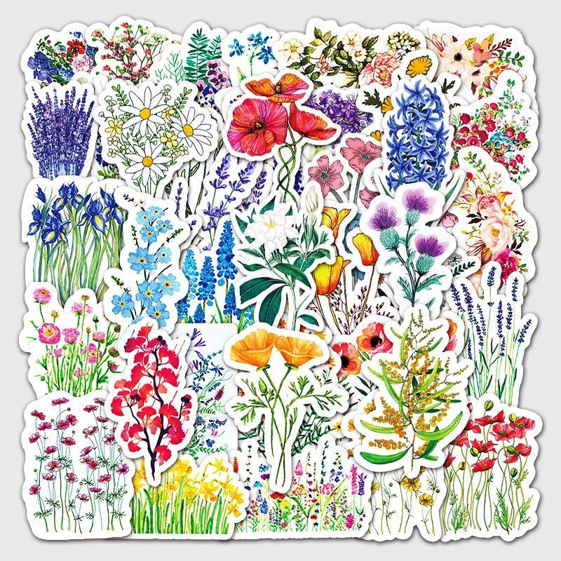 50pcs set Cartoon Flower Series Sticker, Mixed Pattern Decorative Graffiti Stickers, Decoration Paper Materials For DIY Craft