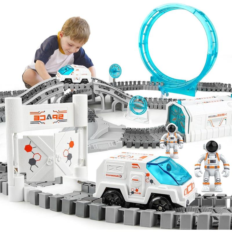 Construction Race Track, Space Train Track Set, 205 PCS DIY Flexible Tracks Play Set for Boys 4-7 with Light up Space Car Station Astronaut, for Toddlers Kids Girls 3-12