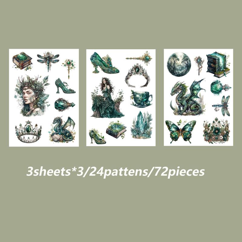 Vintage Emerald City Pattern Sticker (72pcs 9 Sheets), Butterfly & Dragon & Forest & Crown Pattern Sticker, DIY Self-adhesive Decorative Sticker for Scrapbooking Water Bottle & Phone Case & Guitar