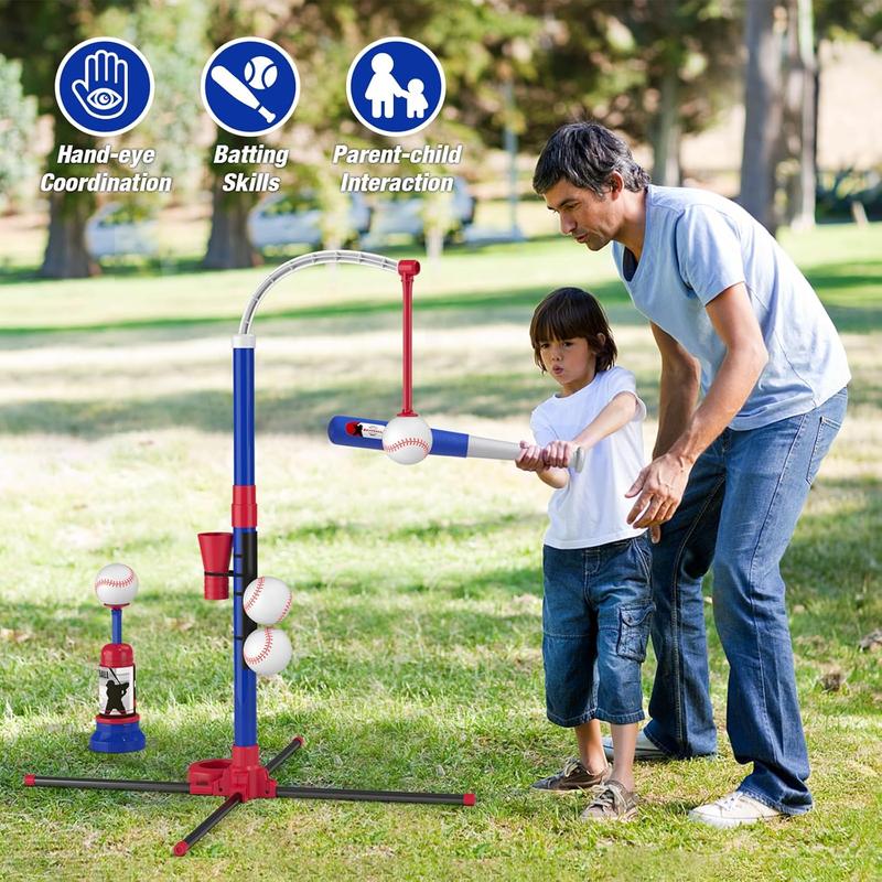 3-in-1 Baseball Set for Kids 3-5 - Tee Ball Stand, Hanging Tee, Ball Launcher and 6 Softballs - Adjustable Height, Indoor Outdoor Sport Gifts for Boys, Blue