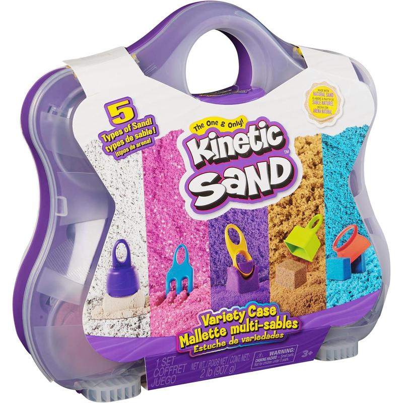 Kinetic Sand, Variety Case with Beach, Neon & Shimmer Play Sand (2lbs) & 5 Tools, Storage, Sensory Toys for Kids, Back to School Classroom Must Haves