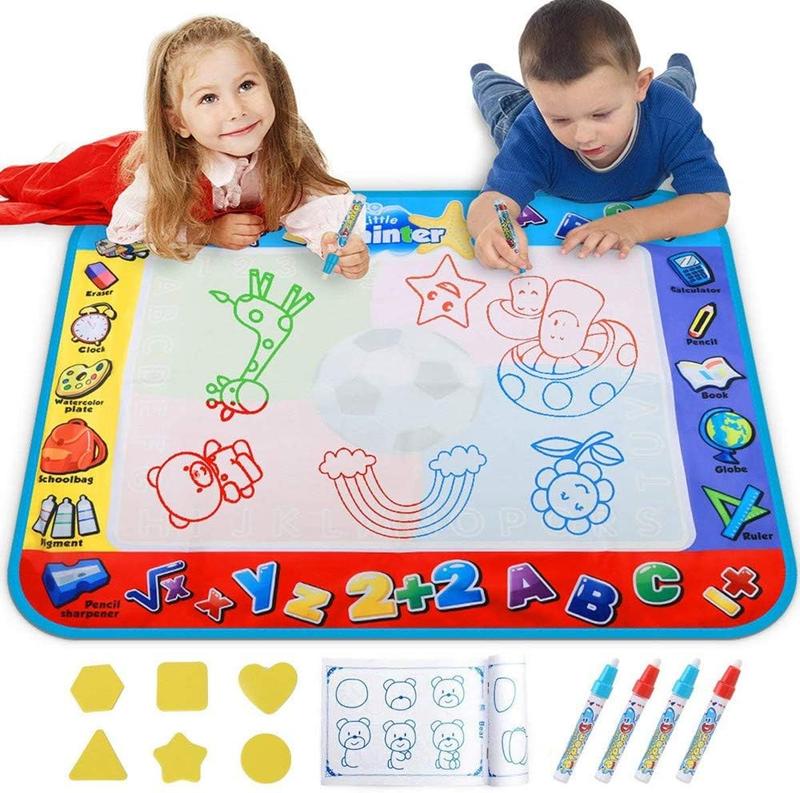 Aqua Coloring Mat,Kids Toys Large Water Painting Mat,Toddlers Doodle Pad with 4 Colors,Gifts for Girls Boys Age 3 4 5+ Years Old,4 Pens,Drawing Molds and Booklet Included