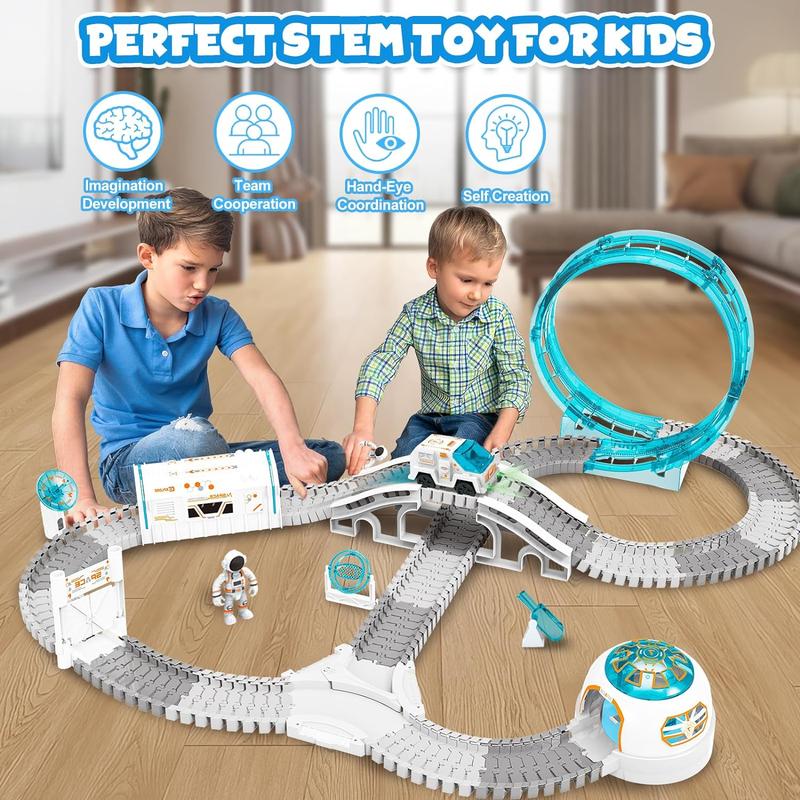 Construction Race Track, Space Train Track Set, 205 PCS DIY Flexible Tracks Play Set for Boys 4-7 with Light up Space Car Station Astronaut, for Toddlers Kids Girls 3-12