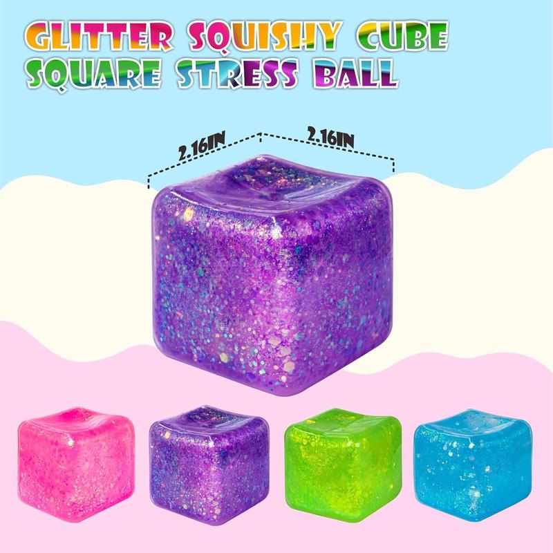 4Pack Glitter Squishy Cube, Nice  Cubes for Adults - Slow Rise Glitter Square  Balls , Malt Sugar  Balls, Sensory Fidget Toys Gel Ice Cube Squishy's -    ADD 