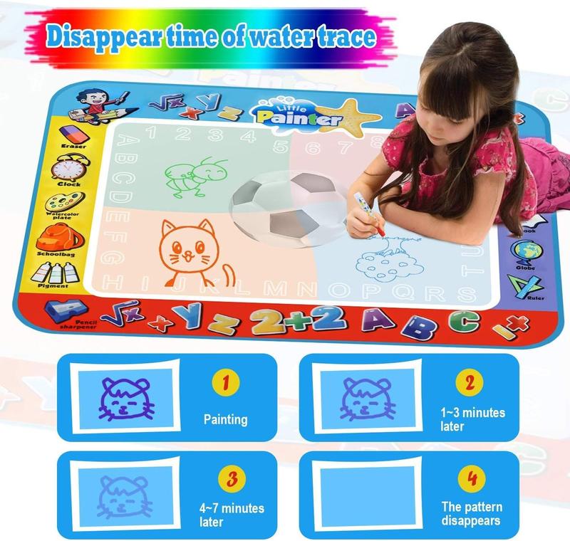 Aqua Coloring Mat,Kids Toys Large Water Painting Mat,Toddlers Doodle Pad with 4 Colors,Gifts for Girls Boys Age 3 4 5+ Years Old,4 Pens,Drawing Molds and Booklet Included