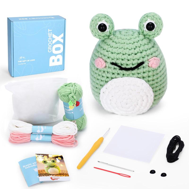 Cute Frog Design Crochet Kit, 1 Set DIY Frog Beginners Crochet Kit, Including Crochet Hook, Yarn, Polyester, Stitch Markers, Plastic Eyes, PDF Guides and Video Tutorials, Crochet Supplies