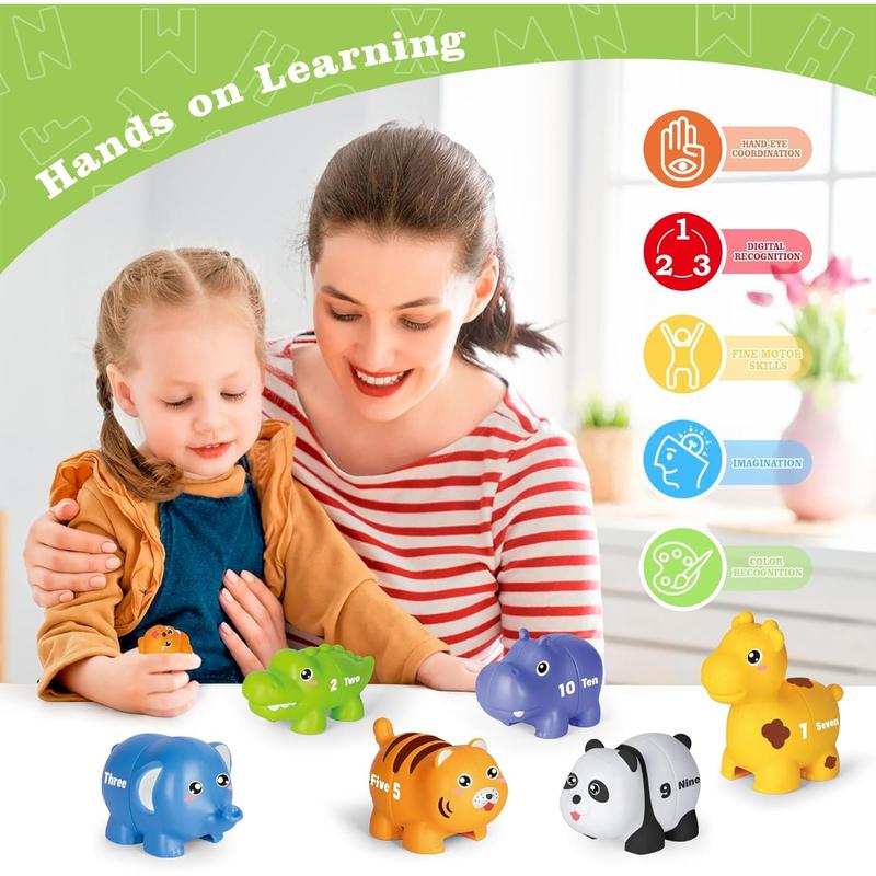 Learning Toys for 2 3 4 Year Old, 20 Pcs Number Matching Game with Digital English, 10 Different Animal Figures, Preschool Activities Montessori Fine Motor Toys for Toddlers Kids