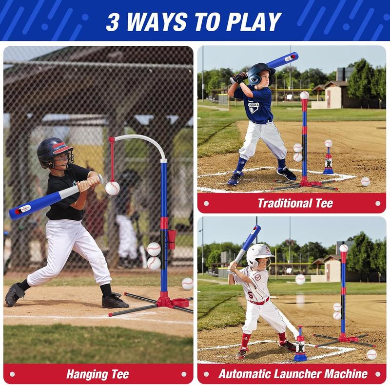 3-in-1 Baseball Set for Kids 3-5 - Tee Ball Stand, Hanging Tee, Ball Launcher and 6 Softballs - Adjustable Height, Indoor Outdoor Sport Gifts for Boys, Blue