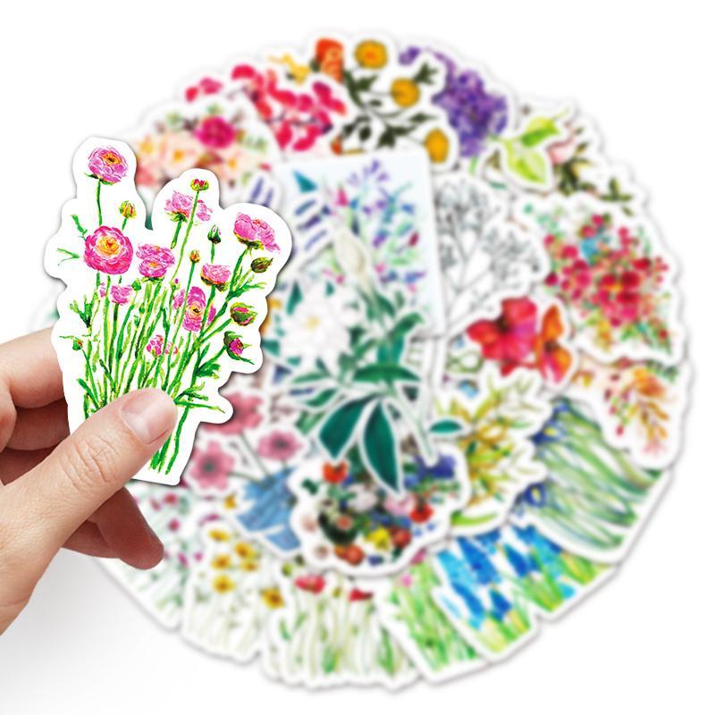 50pcs set Cartoon Flower Series Sticker, Mixed Pattern Decorative Graffiti Stickers, Decoration Paper Materials For DIY Craft