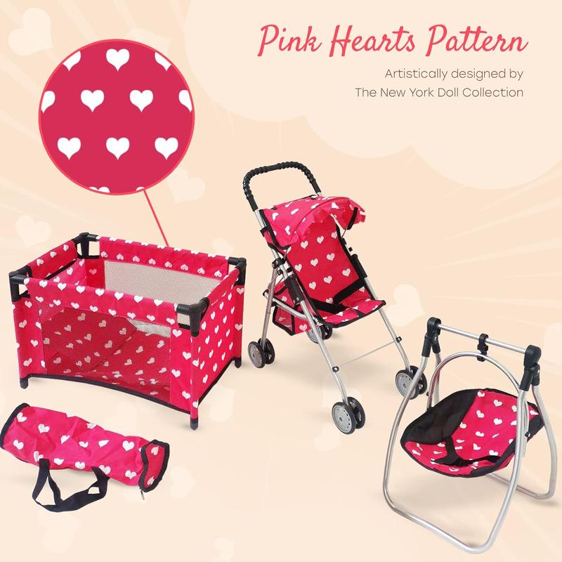 Baby Doll Accessories Set - 3-1 Baby Doll Furniture Set with Baby Doll Stroller, Baby Doll Crib, Baby Doll Swing - Baby Doll Bed Set for 18” Doll - Play Baby Doll Toys for 18