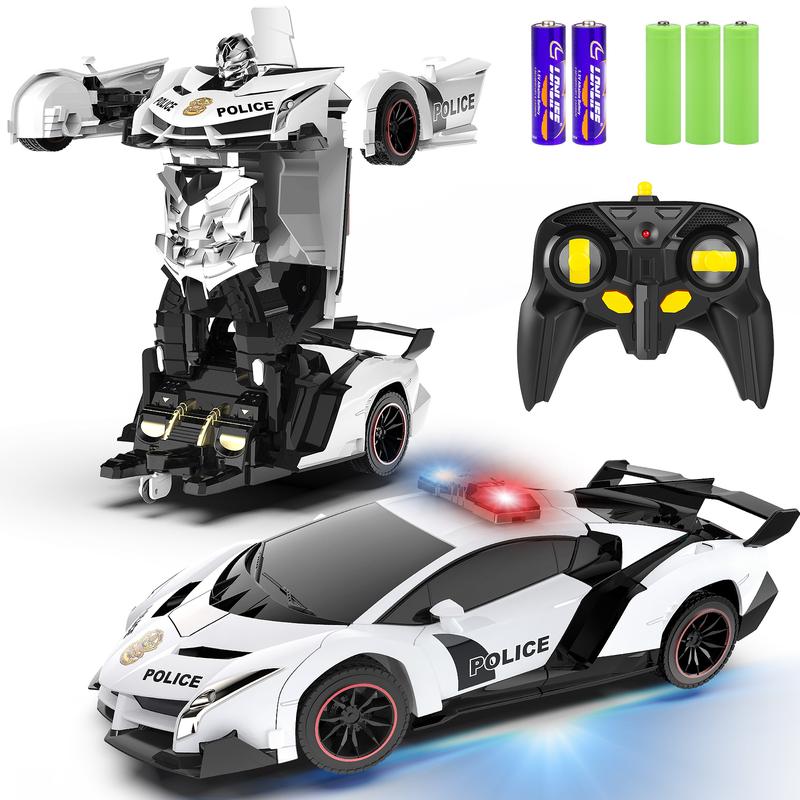 Remote Control Car - Transform , One Button Deformation to Robot with Flashing Light, 2.4Ghz 1:18 Scale Transforming Police Boys Kids Toys Gift with 360 Degree Rotating Drifting