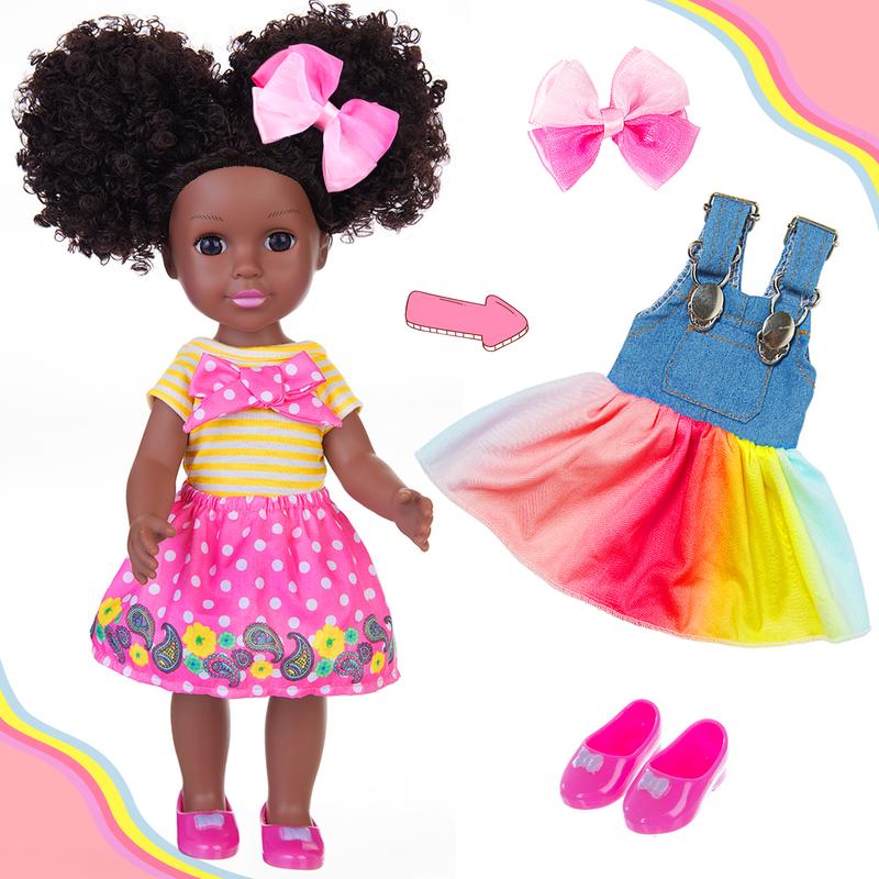 14.5 Inch Silicone Black Doll Set Black African Baby Doll with Yellow Striped T-Shirt, Colorful Dress, and Other Accessories