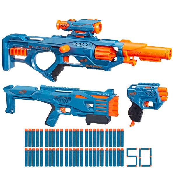 2.0 Ultimate Blaster Pack, 3 Blasters, 50 Nerf Elite Darts, Detachable Scope and Barrel