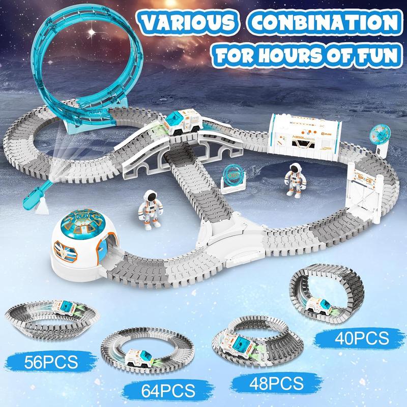 Construction Race Track, Space Train Track Set, 205 PCS DIY Flexible Tracks Play Set for Boys 4-7 with Light up Space Car Station Astronaut, for Toddlers Kids Girls 3-12