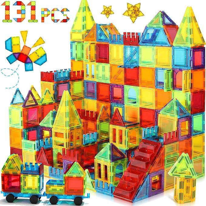 131PCS Wise Block Magnetic Blocks with 2 Cars, Magnetic Tiles, Learning Magnetic Building Blocks Sets, Educational Magnets Tiles Toys for Boys Girls.