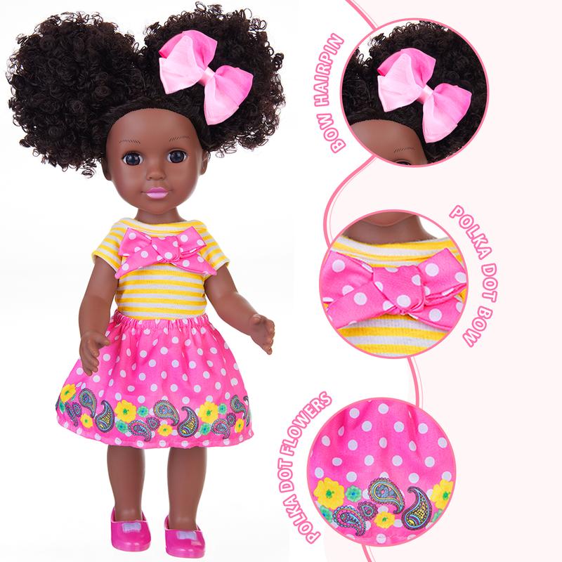 14.5 Inch Silicone Black Doll Set Black African Baby Doll with Yellow Striped T-Shirt, Colorful Dress, and Other Accessories