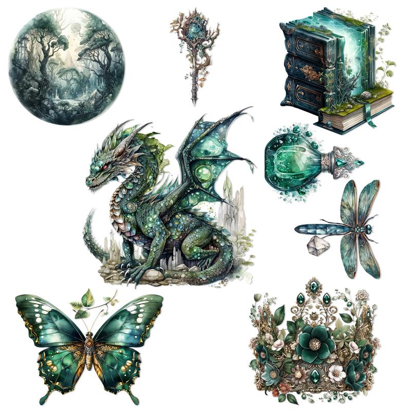 Vintage Emerald City Pattern Sticker (72pcs 9 Sheets), Butterfly & Dragon & Forest & Crown Pattern Sticker, DIY Self-adhesive Decorative Sticker for Scrapbooking Water Bottle & Phone Case & Guitar