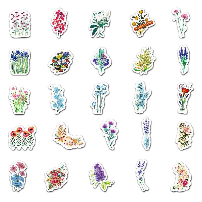 50pcs set Cartoon Flower Series Sticker, Mixed Pattern Decorative Graffiti Stickers, Decoration Paper Materials For DIY Craft