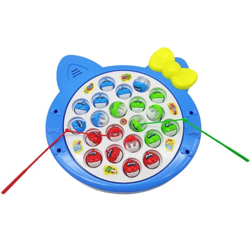 The fishing game set consists of fish and a fishing rod on a rotating board with a music switch to quietly play a board game for 1-4 players