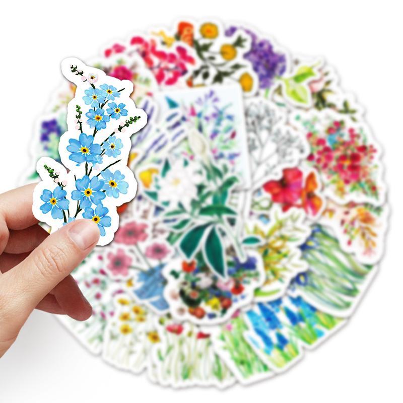 50pcs set Cartoon Flower Series Sticker, Mixed Pattern Decorative Graffiti Stickers, Decoration Paper Materials For DIY Craft