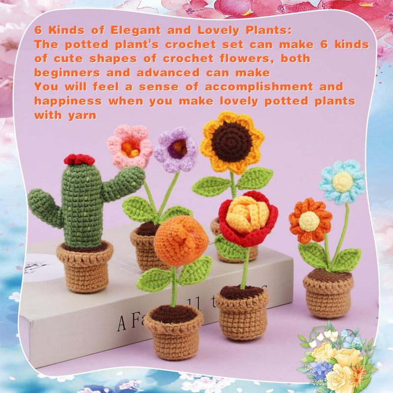 Crochet Kit for Beginners, 6 Counts set Cute Flowers Crochet Starter Kit with Step-by-Step Instructions and Video Tutorial, DIY Knitting Supplies for Home Decoration