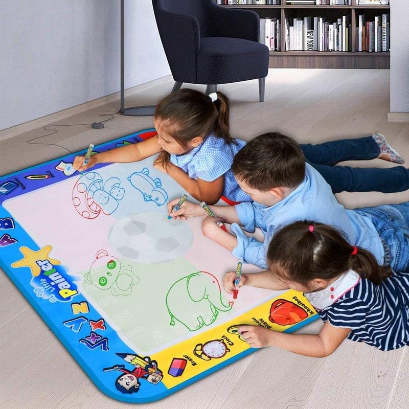 Aqua Coloring Mat,Kids Toys Large Water Painting Mat,Toddlers Doodle Pad with 4 Colors,Gifts for Girls Boys Age 3 4 5+ Years Old,4 Pens,Drawing Molds and Booklet Included