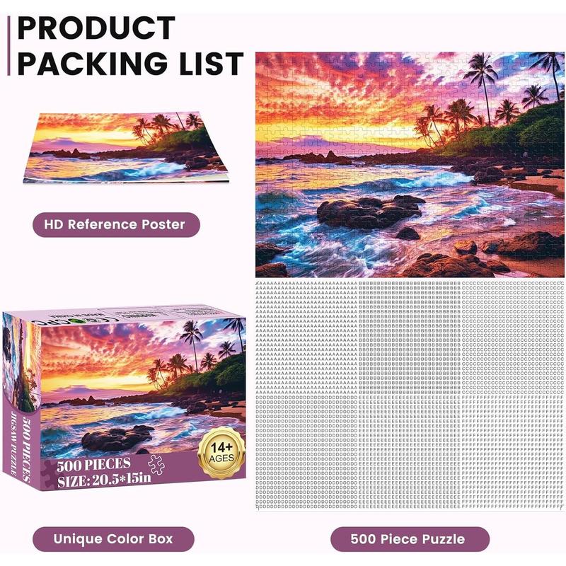 500 Piece Beach Puzzle for Adults-Sunset Puzzle | Recycled Cardboar Jigsaw Puzzles 500 Pieces | Challenging Family Activity Great Gift Idea for Family Friends | Difficult Puzzles Size 20.5 x 15 inches