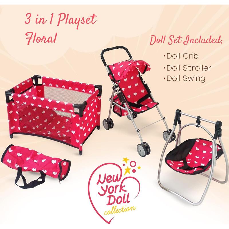 Baby Doll Accessories Set - 3-1 Baby Doll Furniture Set with Baby Doll Stroller, Baby Doll Crib, Baby Doll Swing - Baby Doll Bed Set for 18” Doll - Play Baby Doll Toys for 18