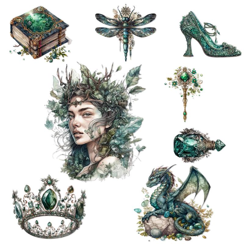 Vintage Emerald City Pattern Sticker (72pcs 9 Sheets), Butterfly & Dragon & Forest & Crown Pattern Sticker, DIY Self-adhesive Decorative Sticker for Scrapbooking Water Bottle & Phone Case & Guitar