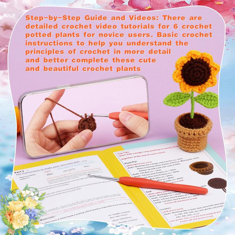 Crochet Kit for Beginners, 6 Counts set Cute Flowers Crochet Starter Kit with Step-by-Step Instructions and Video Tutorial, DIY Knitting Supplies for Home Decoration