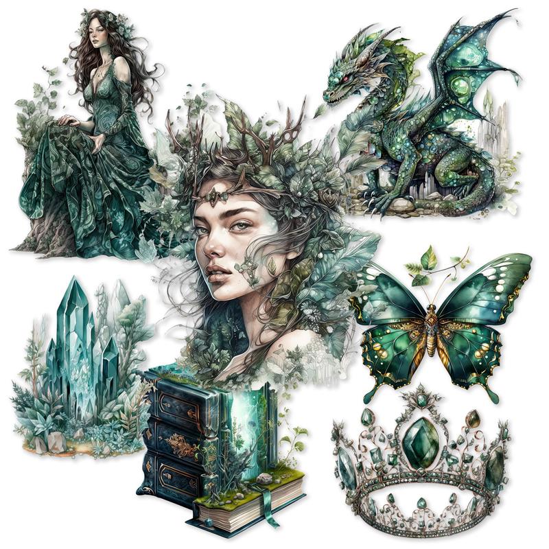 Vintage Emerald City Pattern Sticker (72pcs 9 Sheets), Butterfly & Dragon & Forest & Crown Pattern Sticker, DIY Self-adhesive Decorative Sticker for Scrapbooking Water Bottle & Phone Case & Guitar