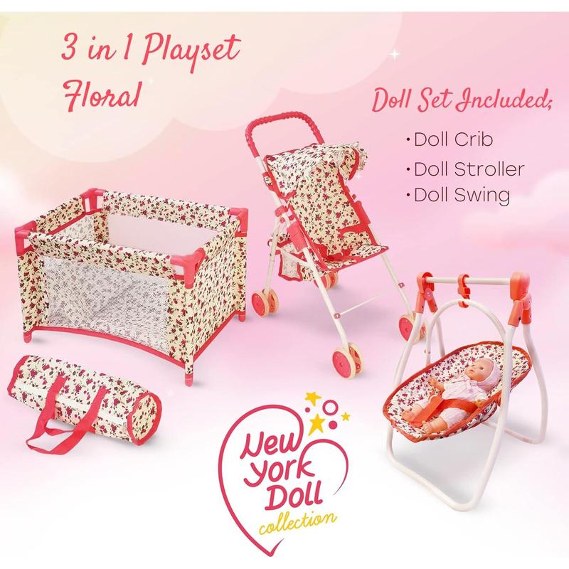 Baby Doll Accessories Set - 3-1 Baby Doll Furniture Set with Baby Doll Stroller, Baby Doll Crib, Baby Doll Swing - Baby Doll Bed Set for 18” Doll - Play Baby Doll Toys for 18