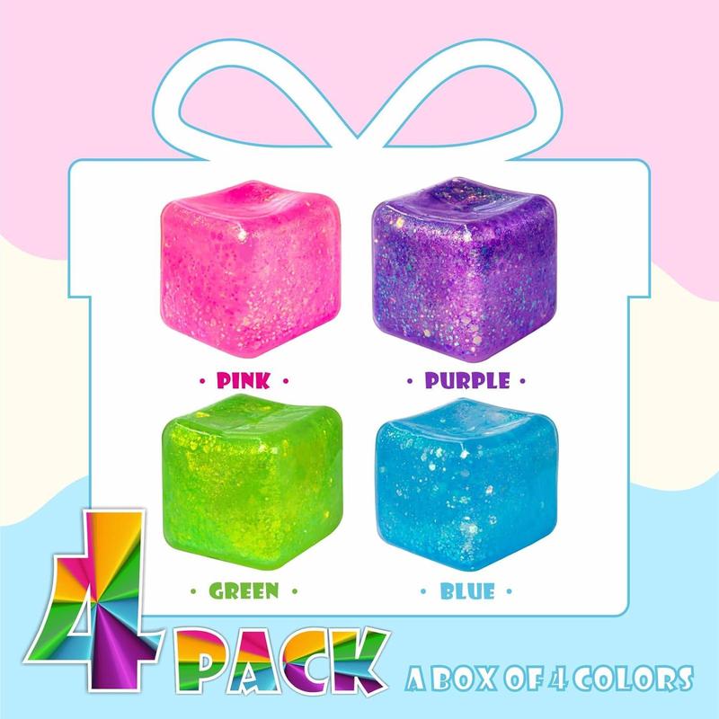 4Pack Glitter Squishy Cube, Nice  Cubes for Adults - Slow Rise Glitter Square  Balls , Malt Sugar  Balls, Sensory Fidget Toys Gel Ice Cube Squishy's -    ADD 