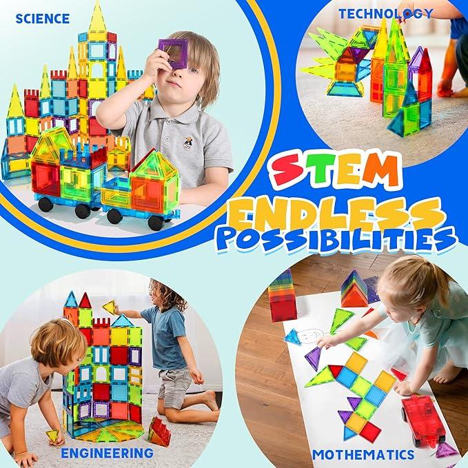 131PCS Wise Block Magnetic Blocks with 2 Cars, Magnetic Tiles, Learning Magnetic Building Blocks Sets, Educational Magnets Tiles Toys for Boys Girls.