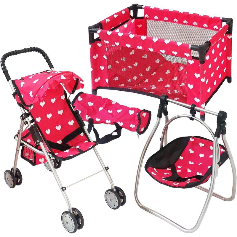 Baby Doll Accessories Set - 3-1 Baby Doll Furniture Set with Baby Doll Stroller, Baby Doll Crib, Baby Doll Swing - Baby Doll Bed Set for 18” Doll - Play Baby Doll Toys for 18