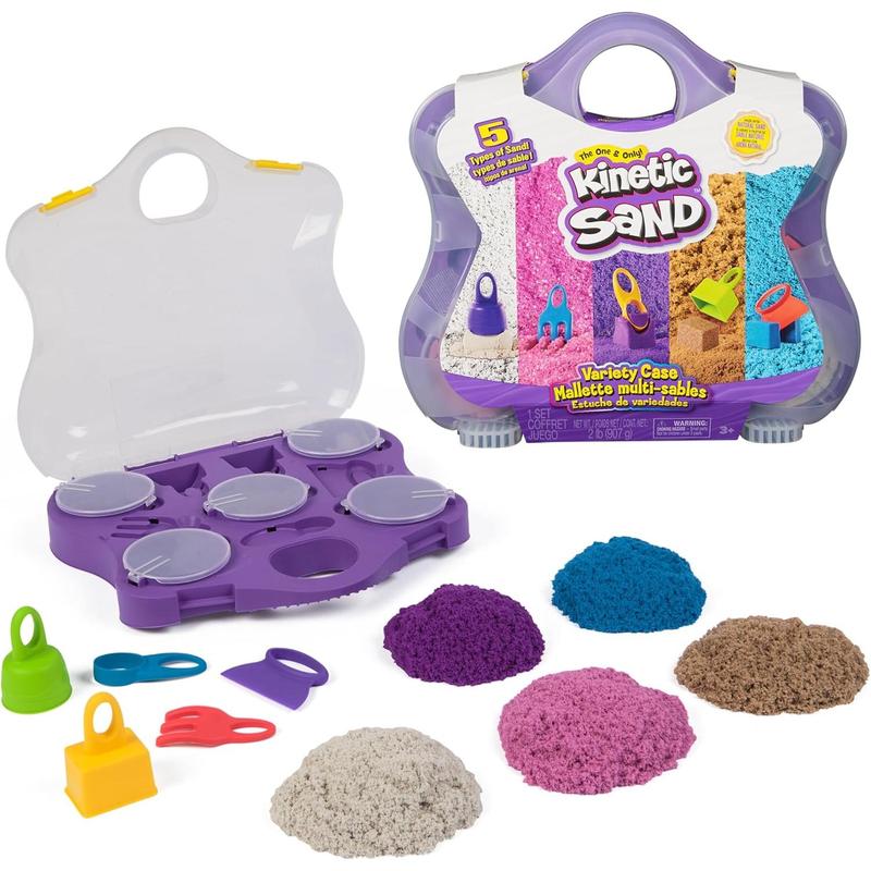 Kinetic Sand, Variety Case with Beach, Neon & Shimmer Play Sand (2lbs) & 5 Tools, Storage, Sensory Toys for Kids, Back to School Classroom Must Haves