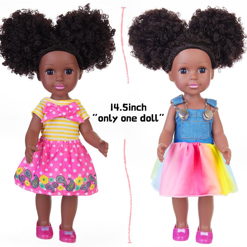 14.5 Inch Silicone Black Doll Set Black African Baby Doll with Yellow Striped T-Shirt, Colorful Dress, and Other Accessories