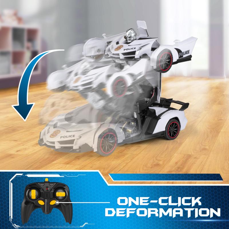 Remote Control Car - Transform , One Button Deformation to Robot with Flashing Light, 2.4Ghz 1:18 Scale Transforming Police Boys Kids Toys Gift with 360 Degree Rotating Drifting