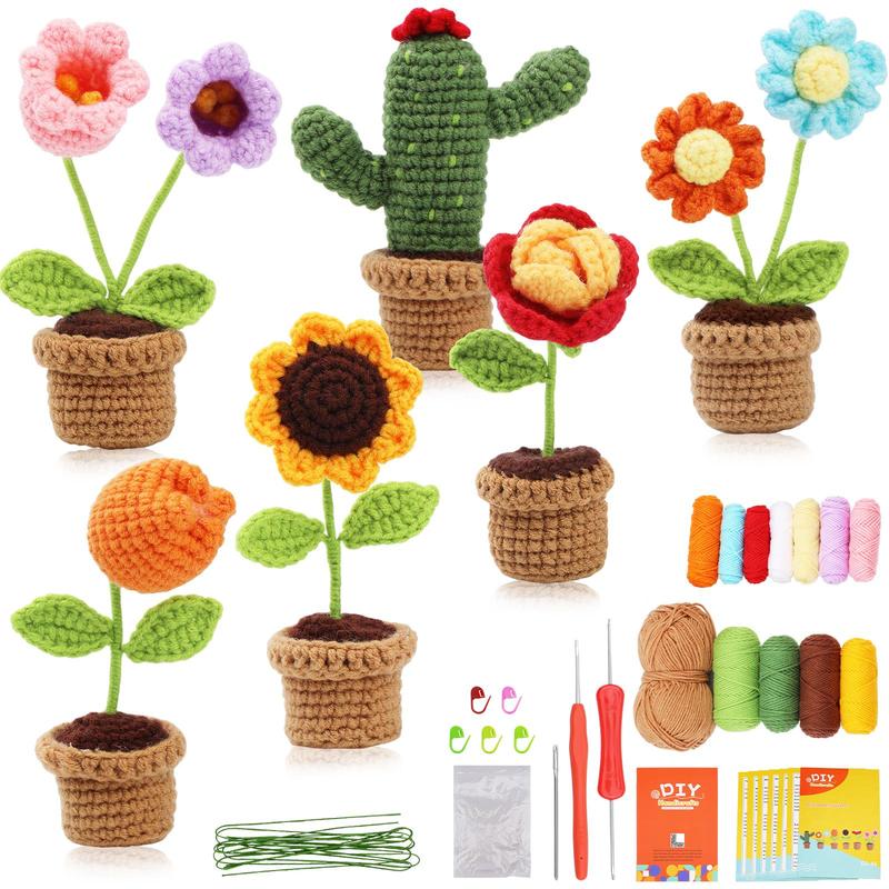 Crochet Kit for Beginners, 6 Counts set Cute Flowers Crochet Starter Kit with Step-by-Step Instructions and Video Tutorial, DIY Knitting Supplies for Home Decoration